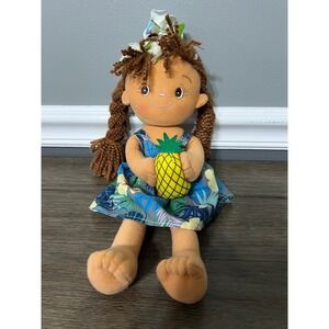 Hawaiian Hula Girl Plush Doll w Pineapple - 14", Pineapple Aloha Dress, Haku Lei